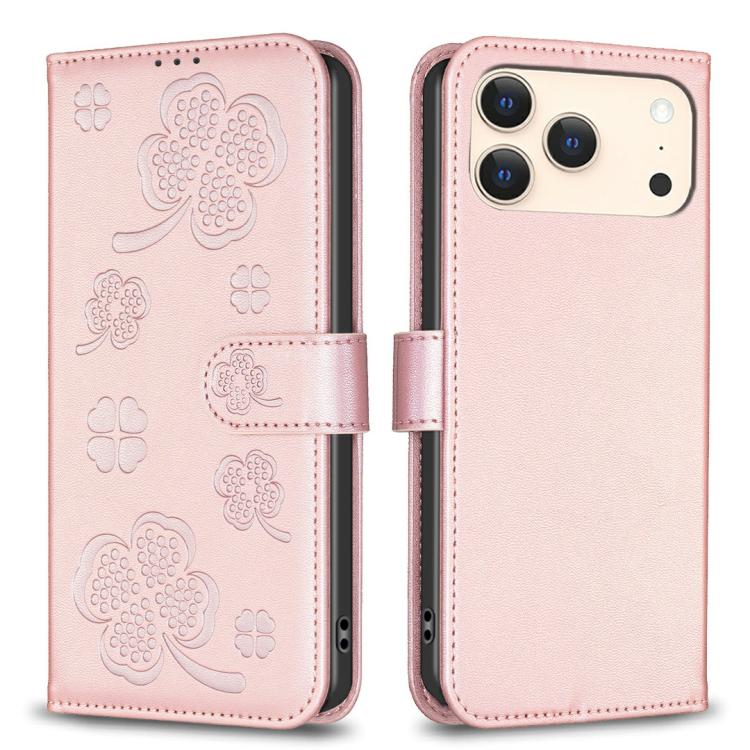 Pink four-leaf embossed leather-style iPhone 17 Pro Max wallet kickstand case