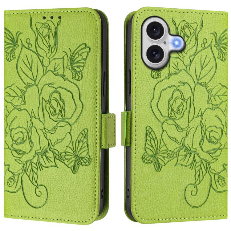 Embossed rose RFID iPhone wallet case in green for iPhone 17