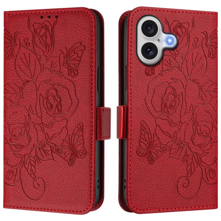 Embossed rose RFID iPhone wallet case in red for iPhone 17