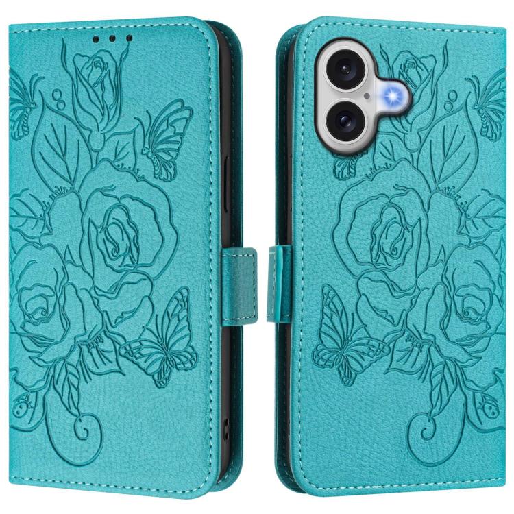 Embossed rose RFID iPhone wallet case in light blue for iPhone 17