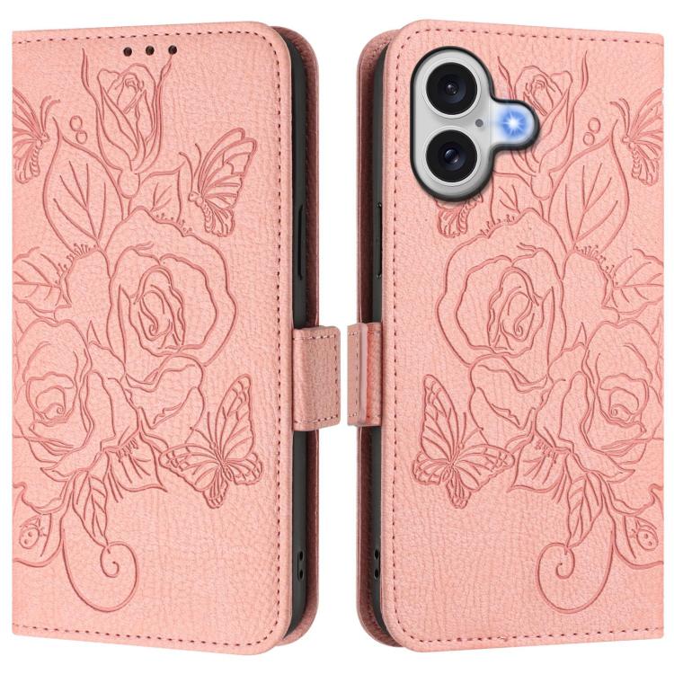Embossed rose RFID iPhone wallet case in pink for iPhone 17