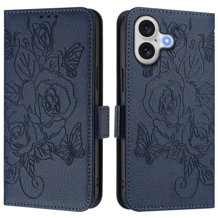 Embossed rose RFID iPhone wallet case in dark blue for iPhone 17
