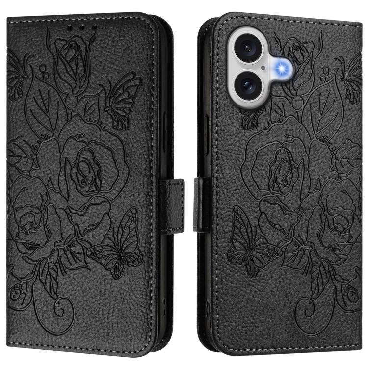 Embossed rose RFID iPhone wallet case in black for iPhone 17