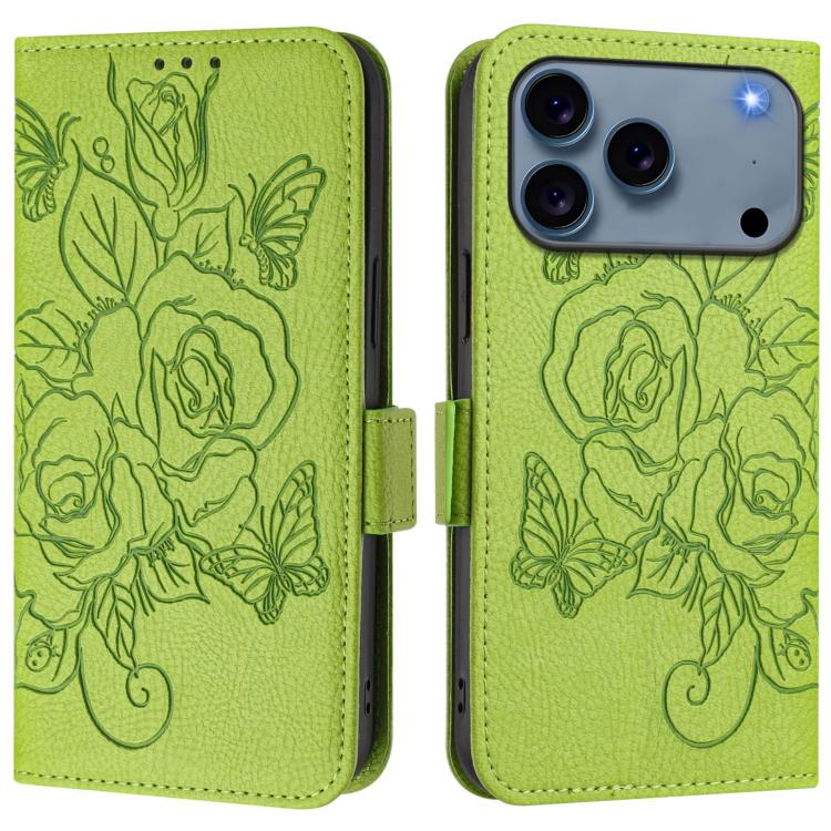 Mira Sales embossed rose RFID iPhone 17 Pro wallet case in green
