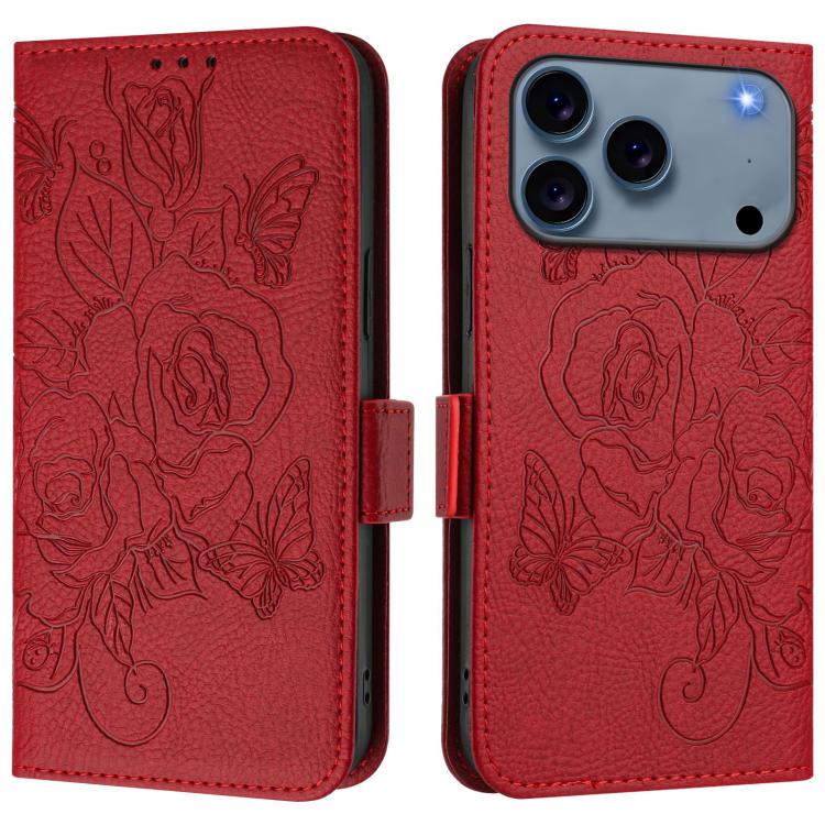 Embossed rose RFID iPhone wallet case in red for iPhone 17 Pro