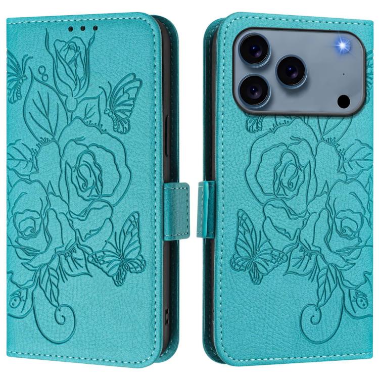 Embossed rose RFID iPhone wallet case in light blue for iPhone 17 Pro