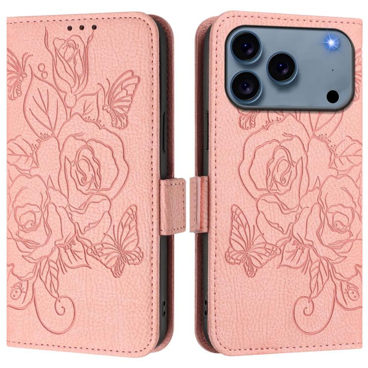 Embossed rose RFID iPhone wallet case in pink for iPhone 17 Pro