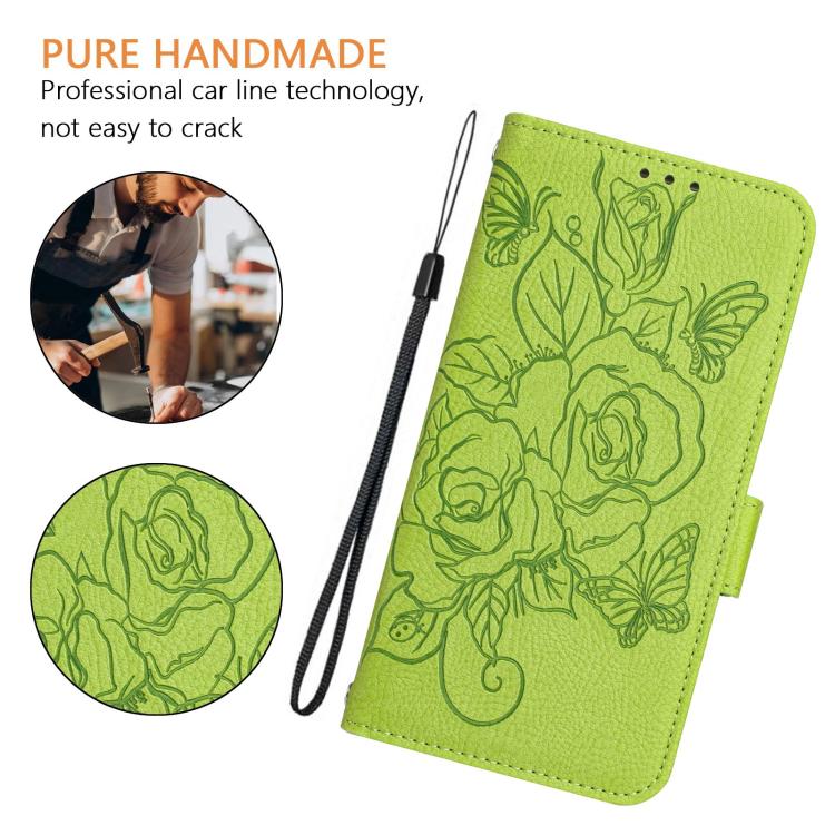Embossed rose RFID iPhone wallet case detail image showing hand strap