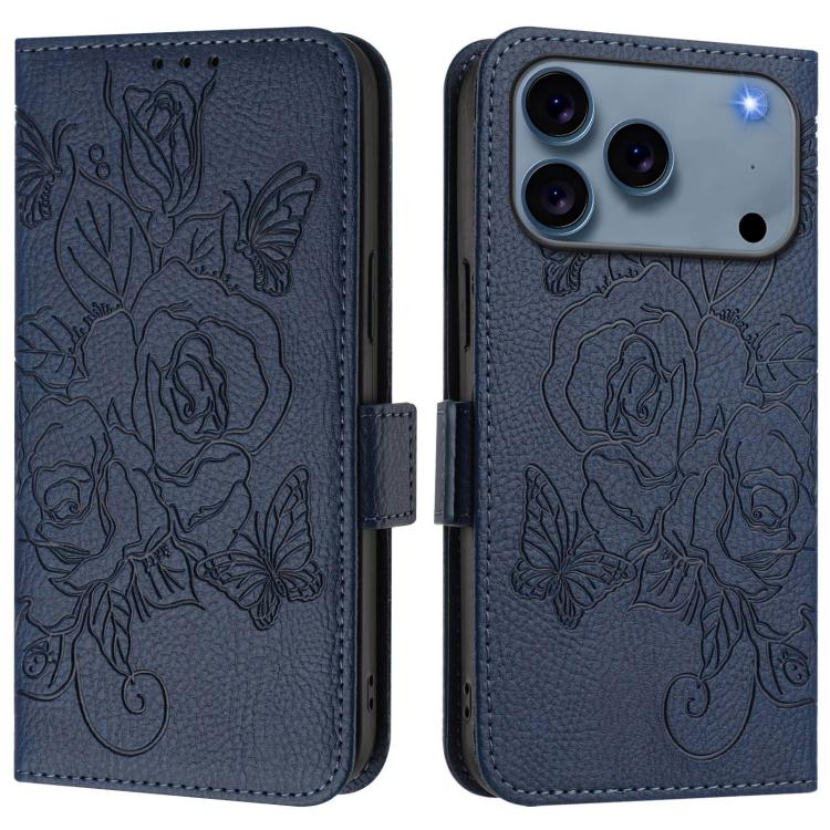 Embossed rose RFID iPhone wallet case in dark blue for iPhone 17 Pro Max