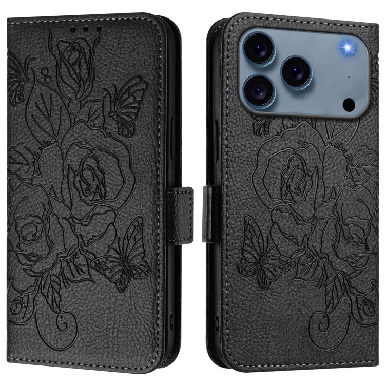 Embossed rose RFID iPhone wallet case in black for iPhone 17 Pro Max