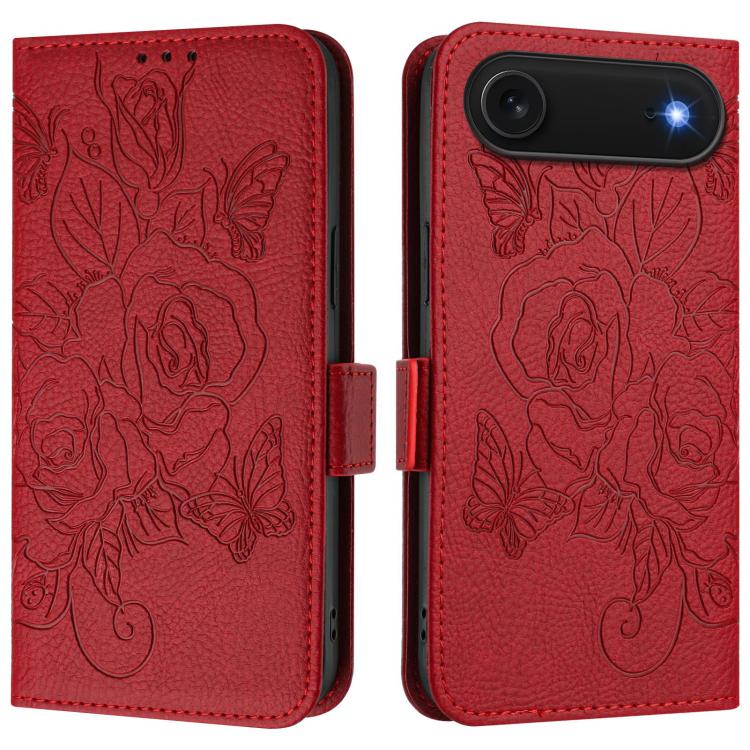 Embossed rose RFID iPhone wallet case in red for iPhone Air