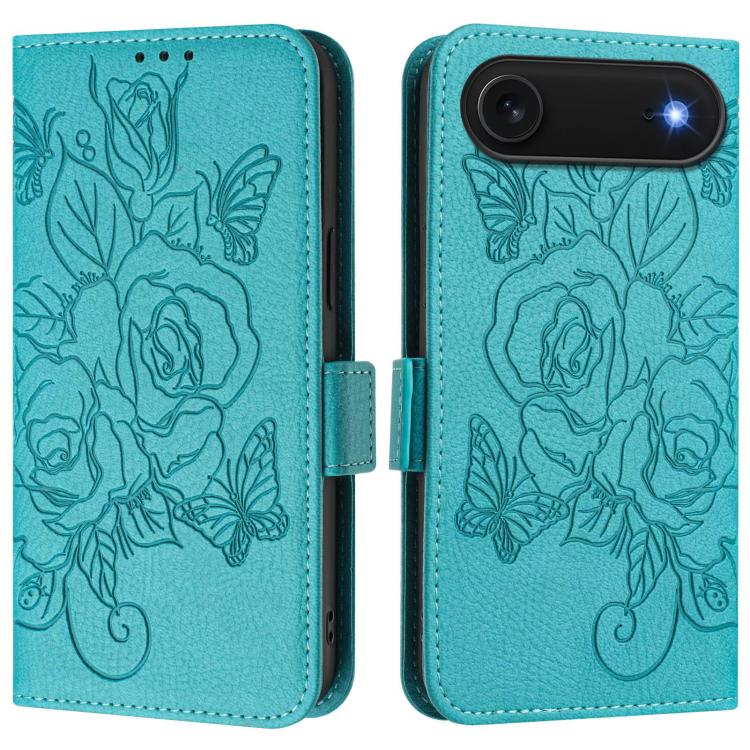 Embossed rose RFID iPhone wallet case in light blue for iPhone Air