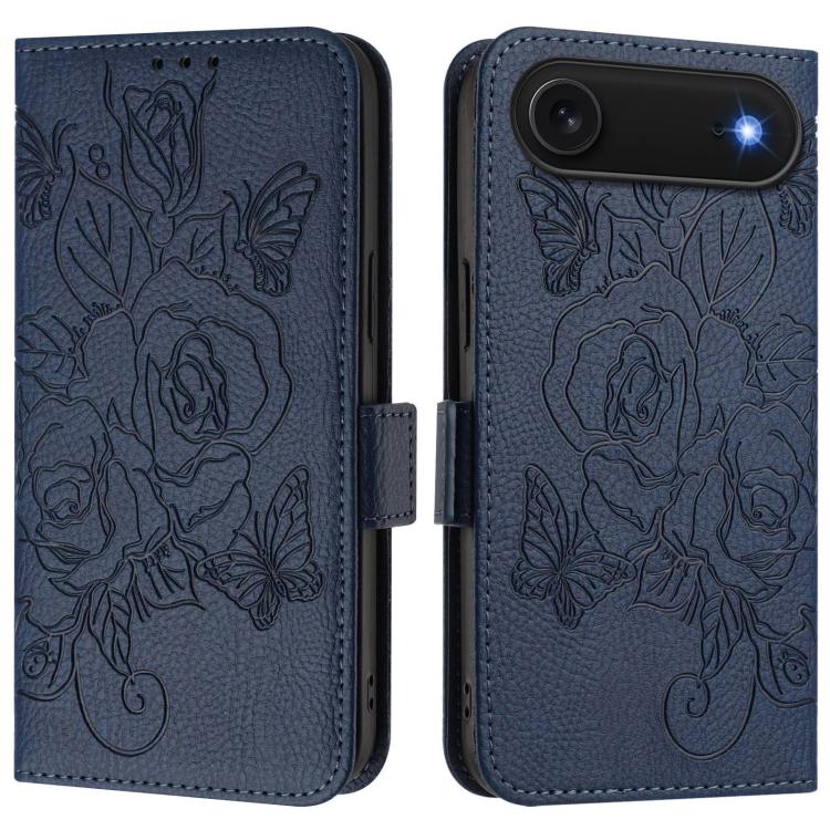 Embossed rose RFID iPhone wallet case in dark blue for iPhone Air