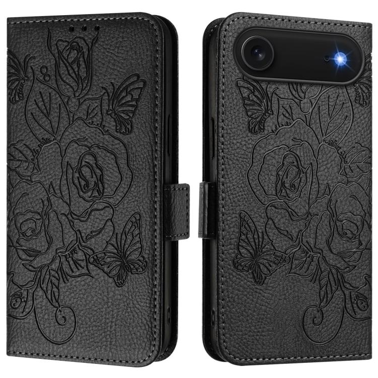 Embossed rose RFID iPhone wallet case in black for iPhone Air
