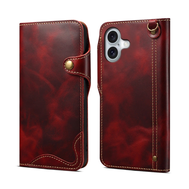 Denior B01 oil wax cowhide leather iPhone 16 Plus case in red