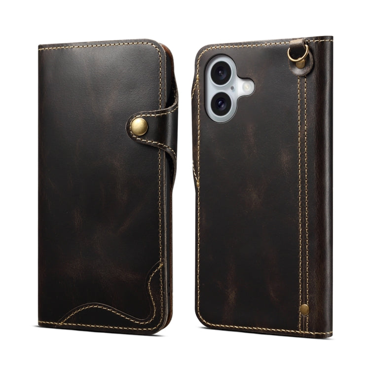Denior B01 oil wax cowhide leather iPhone 16 Plus case in black