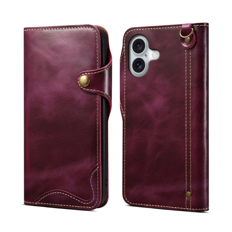 Denior B01 oil wax cowhide leather iPhone 16 Plus case in purple