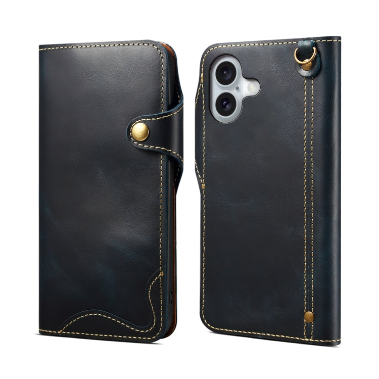 Denior B01 oil wax cowhide leather iPhone 16 Plus case in blue