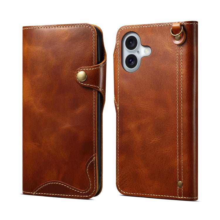 Denior B01 oil wax cowhide leather iPhone 16 Plus case in brown