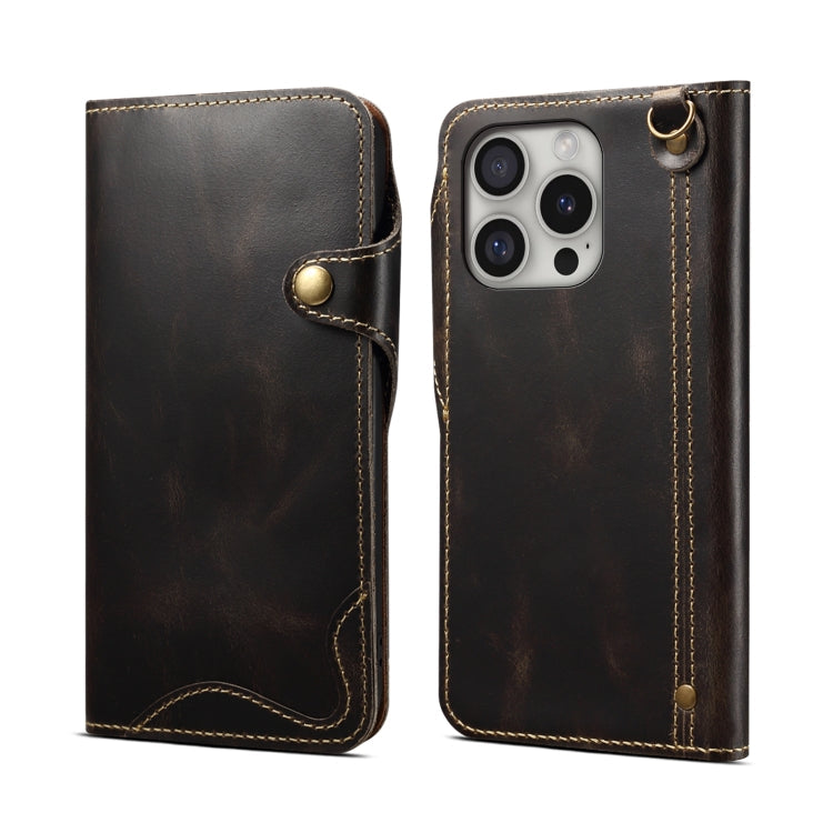Denior B01 oil wax cowhide leather iPhone 16 Pro case in black