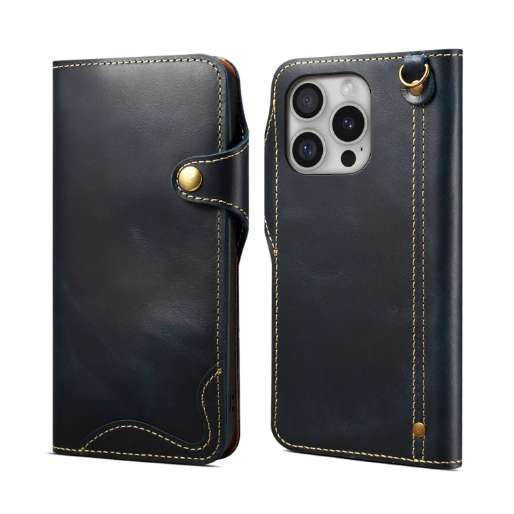 Denior B01 oil wax cowhide leather iPhone 16 Pro case in blue