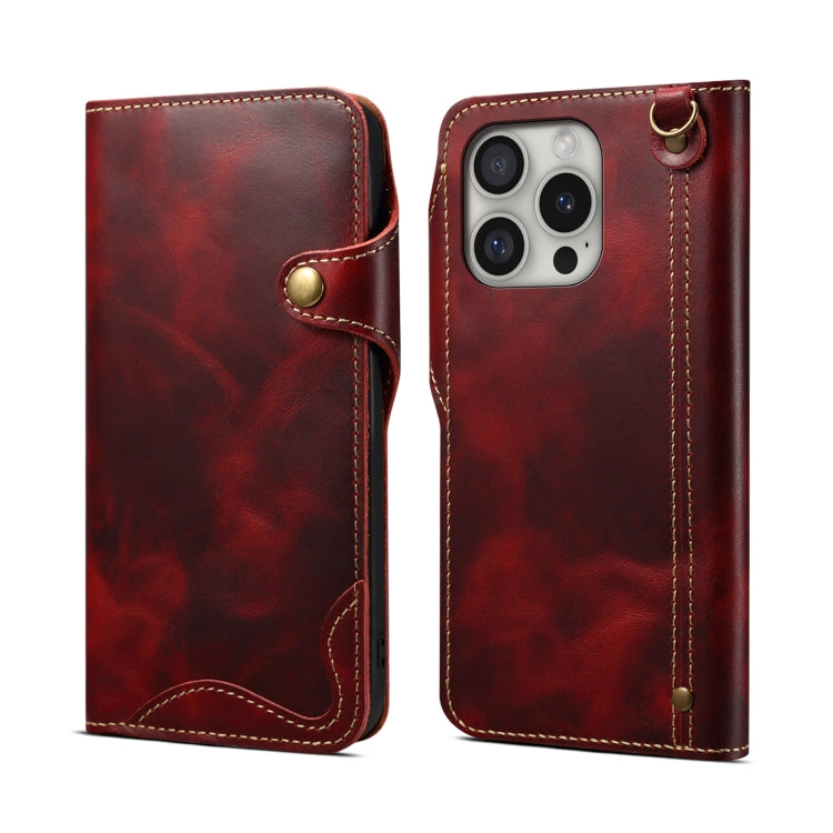 Denior B01 oil wax cowhide leather iPhone 16 Pro Max case in red