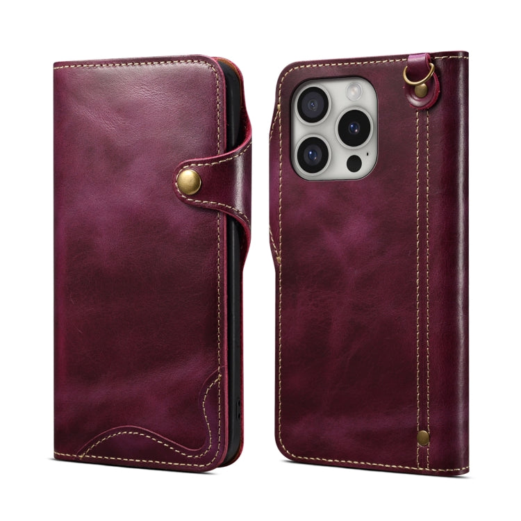 Denior B01 oil wax cowhide leather iPhone 16 Pro Max case in purple