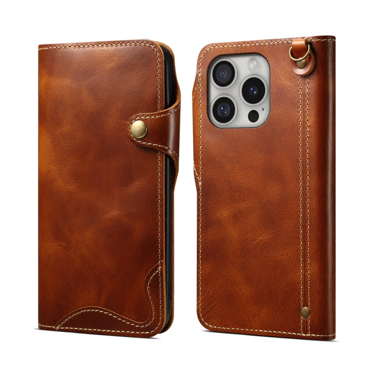 Denior B01 oil wax cowhide leather iPhone 16 Pro Max case in brown