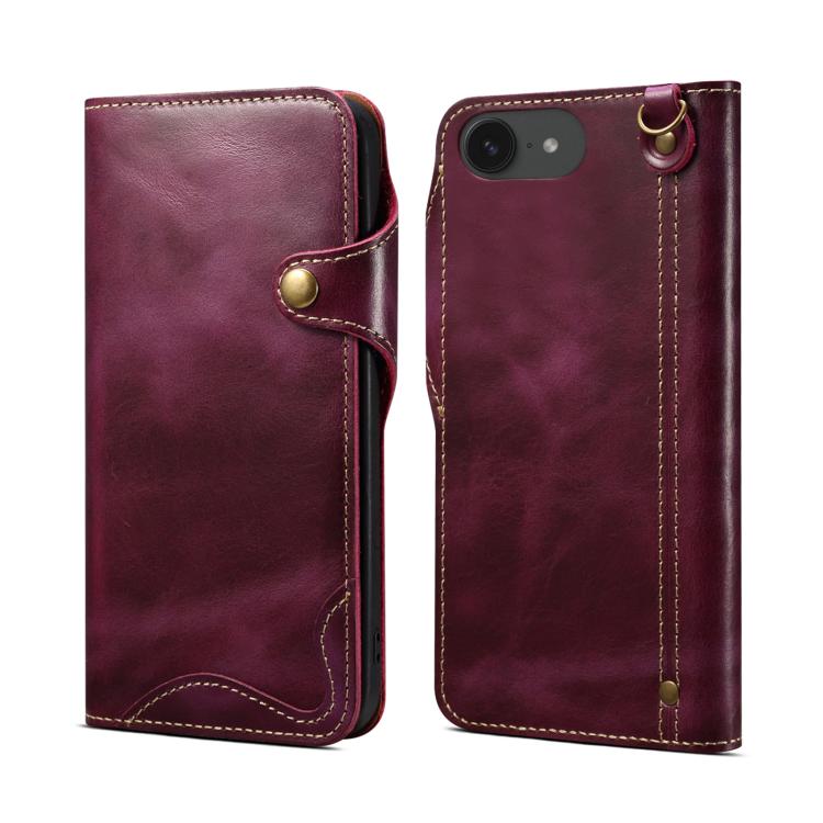 Denior B01 oil wax cowhide leather iPhone 17e and 16e case in purple