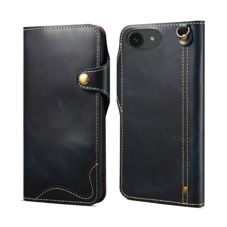 Denior B01 oil wax cowhide leather iPhone 17e and 16e case in blue