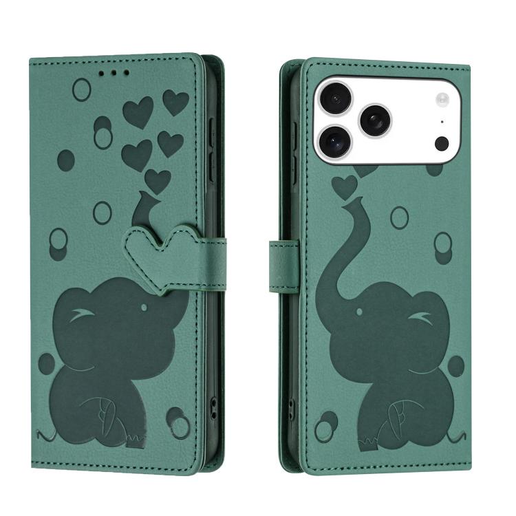 Cartoon elephant embossed iPhone wallet case in green for iPhone 17 Pro Max