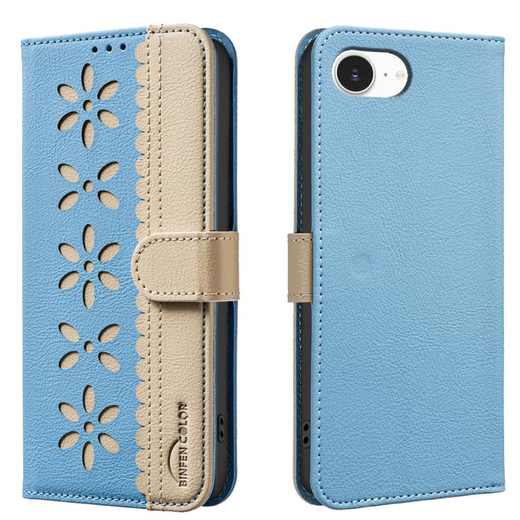 Splicing colour RFID iPhone wallet case in baby blue for iPhone 16e and 17e