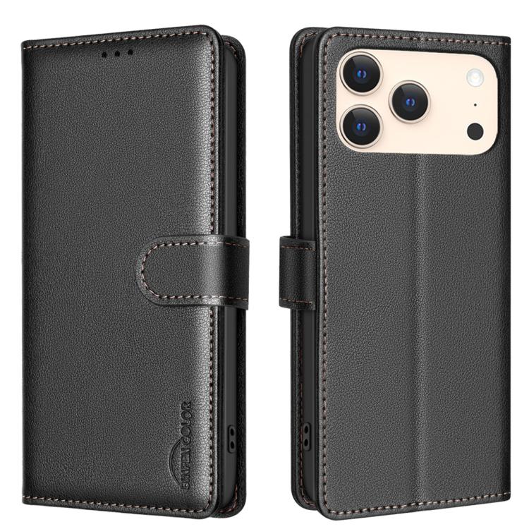 Litchi Texture RFID leather wallet iPhone 17 Pro case in black