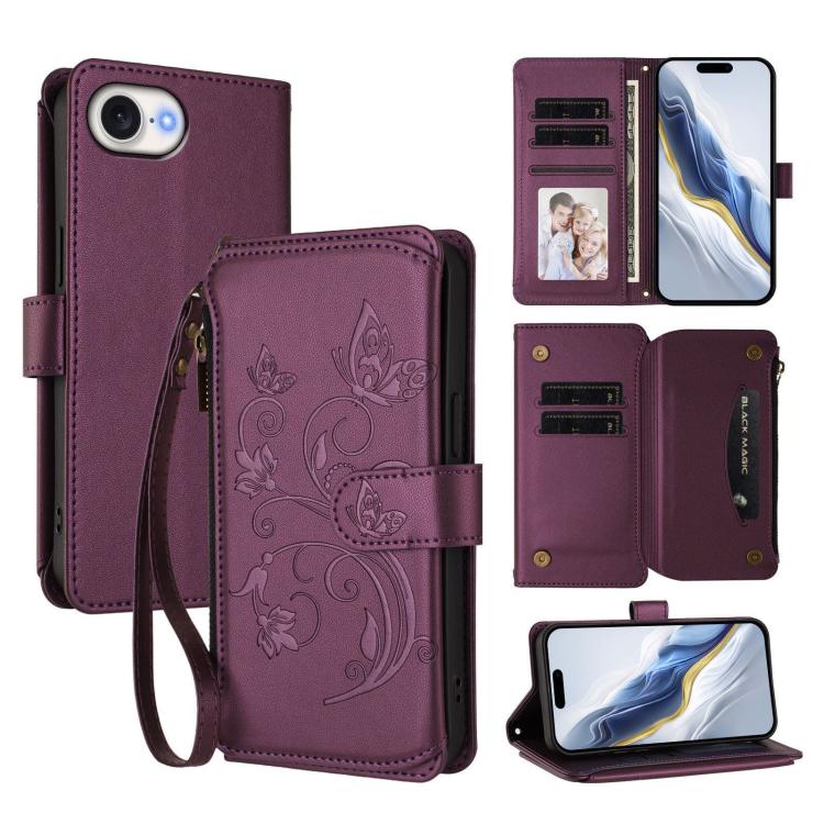 Butterfly flower iPhone wallet case in dark purple