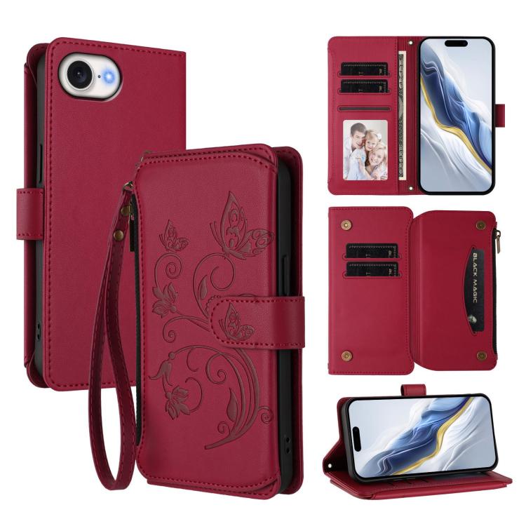 Butterfly flower iPhone wallet case in wine red