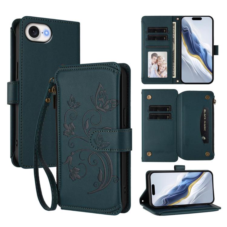 Butterfly flower iPhone wallet case in dark green
