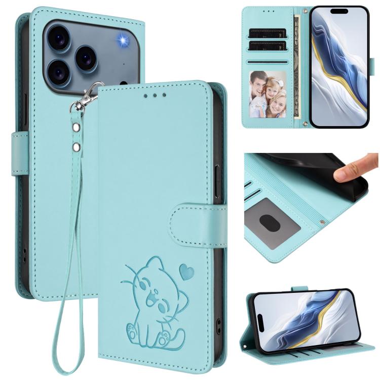Heart cat iPhone wallet case in mint green for iPhone 17 Pro Max