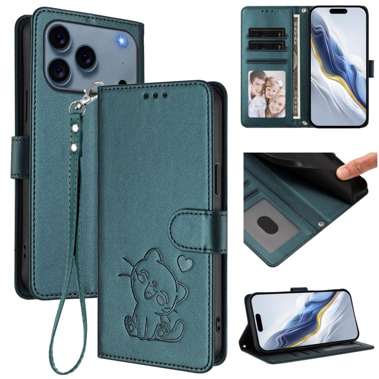 Heart cat iPhone wallet case in dark green for iPhone 17 Pro Max