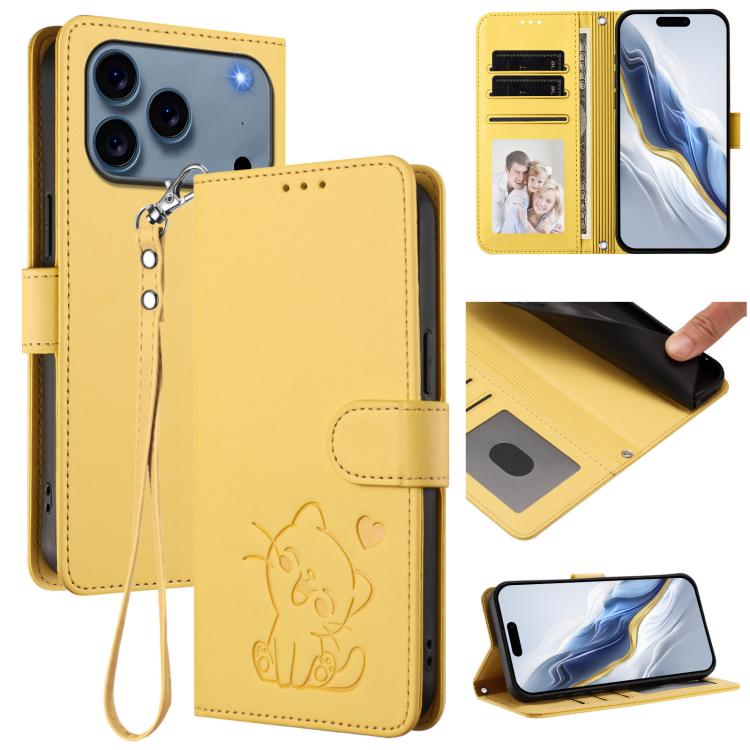 Embossed heart cat iPhone wallet case in yellow for iPhone 17 Pro