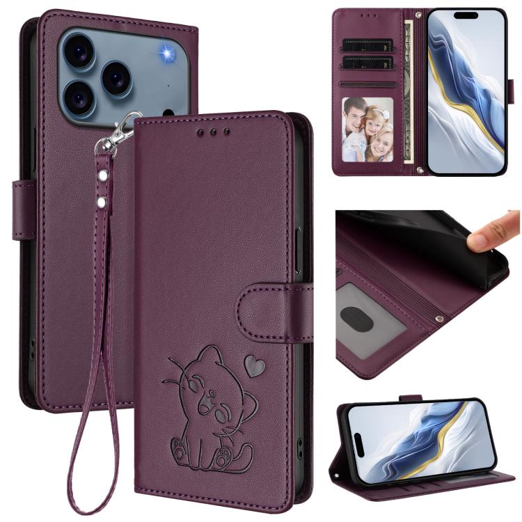Embossed heart cat iPhone wallet case in dark purple for iPhone 17 Pro