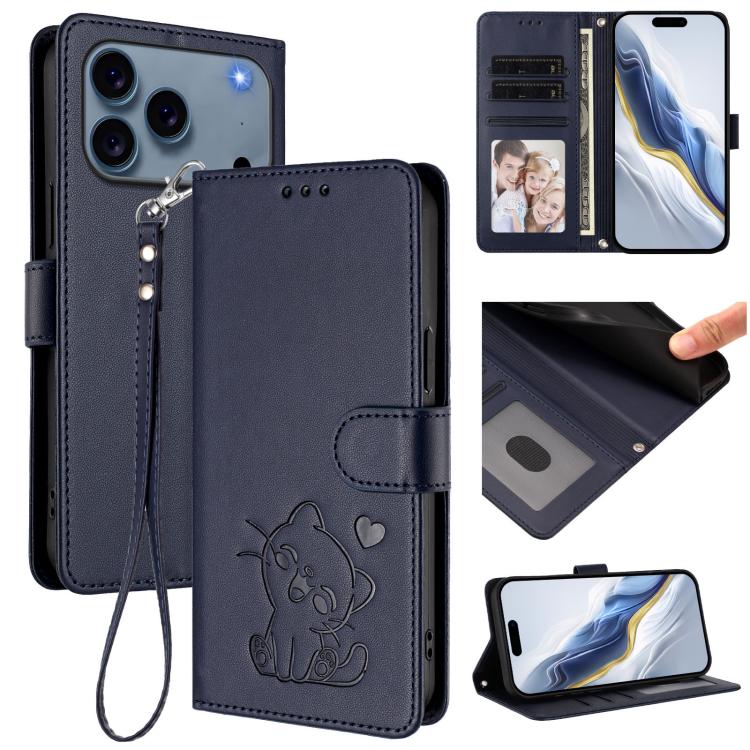 Embossed heart cat iPhone wallet case in blue for iPhone 17 Pro