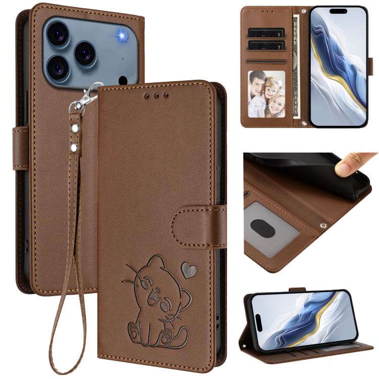 Embossed heart cat iPhone wallet case in brown for iPhone 17 Pro