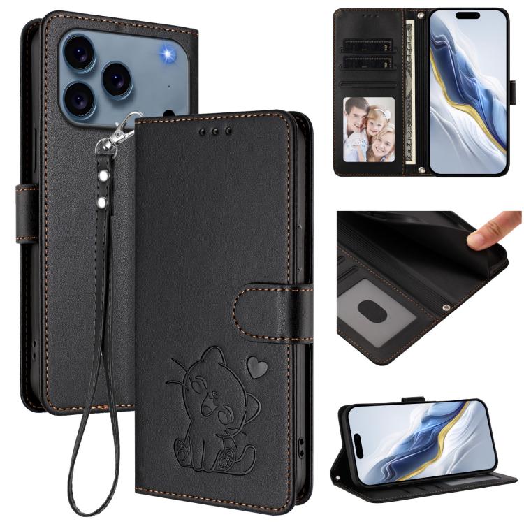 Embossed heart cat iPhone wallet case in black for iPhone 17 Pro