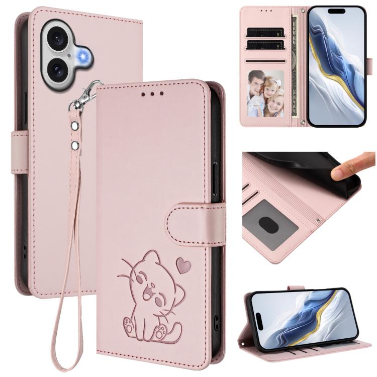 Embossed heart cat iPhone wallet case in pink for iPhone 17