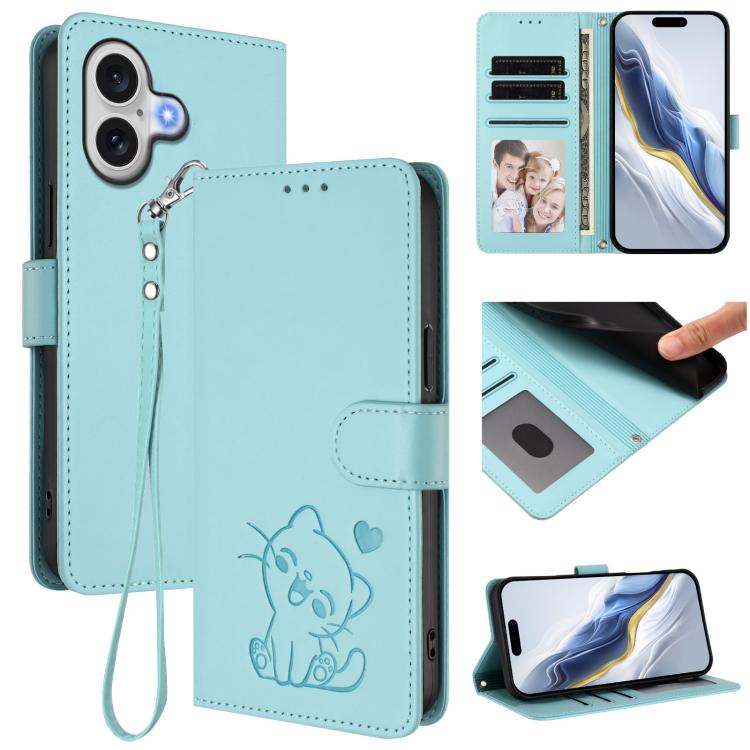 Embossed heart cat iPhone wallet case in mint green for iPhone 17