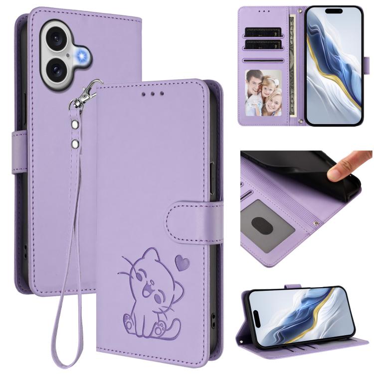 Embossed heart cat iPhone wallet case in light purple for iPhone 17