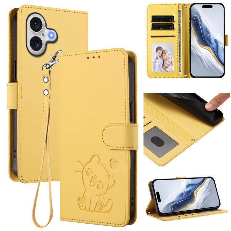 Embossed heart cat iPhone wallet case in yellow for iPhone 17