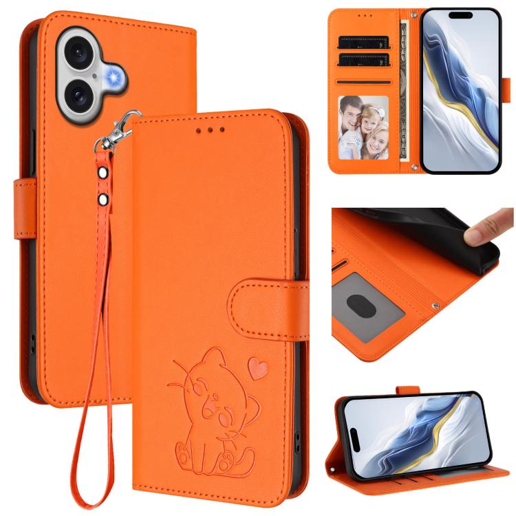 Embossed heart cat iPhone wallet case in orange for iPhone 17