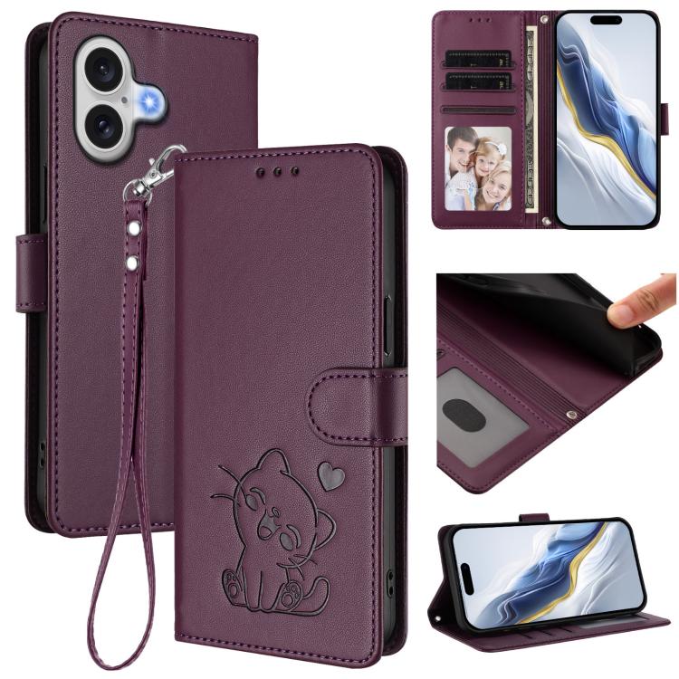 Embossed heart cat iPhone wallet case in dark purple for iPhone 17