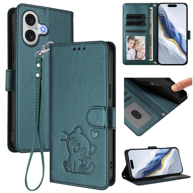 Embossed heart cat iPhone wallet case in dark green for iPhone 17